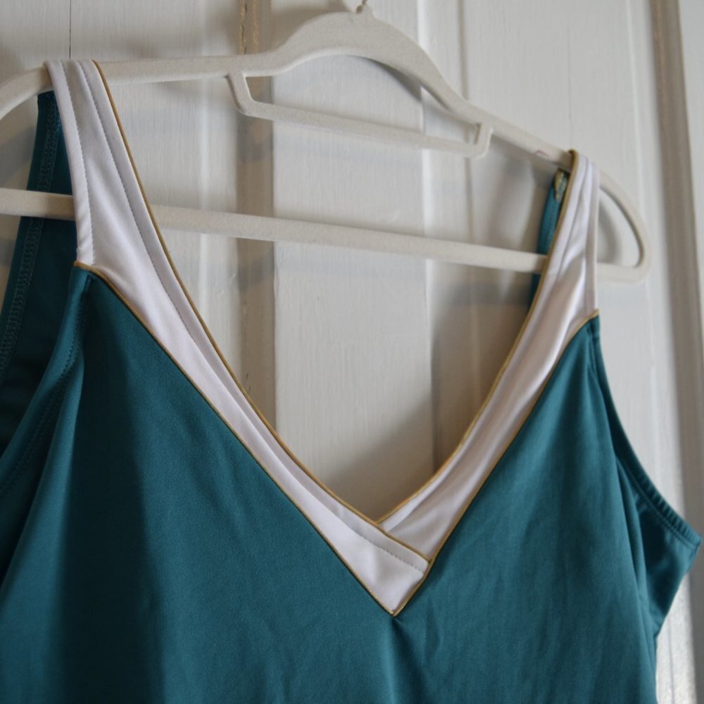 CEEB Retro Blue, White and Gold V Neck Thick Strap One Piece Swimsuit Size 24W - Picture 9 of 9